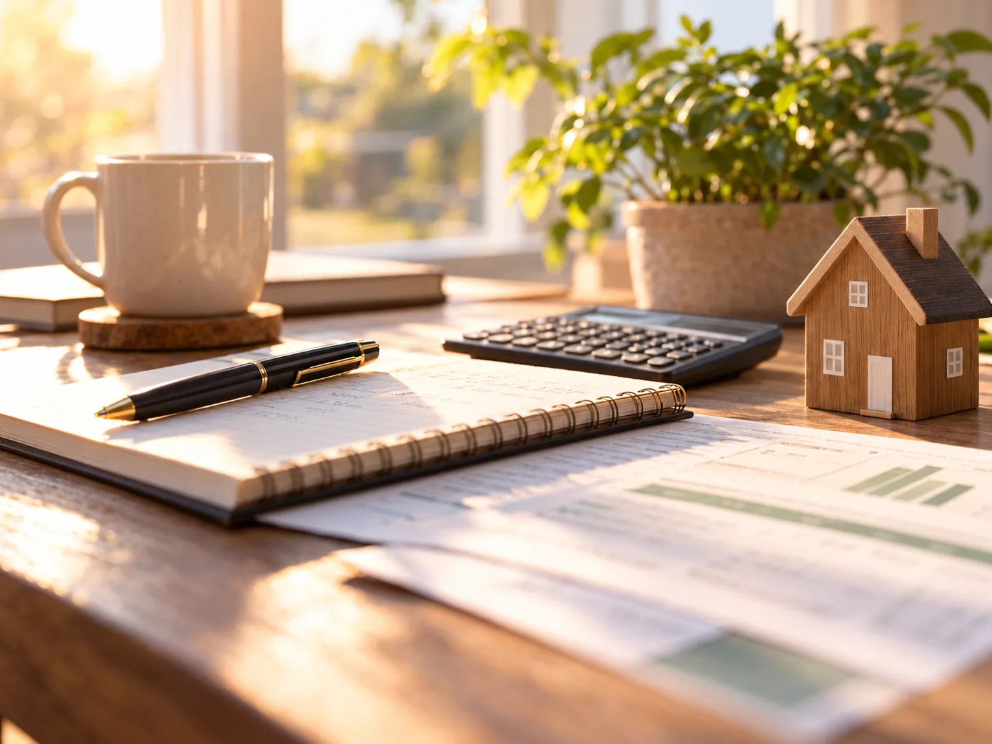 Hausmodell, Taschenrechner und Unterlagen zur Immobilienfinanzierung